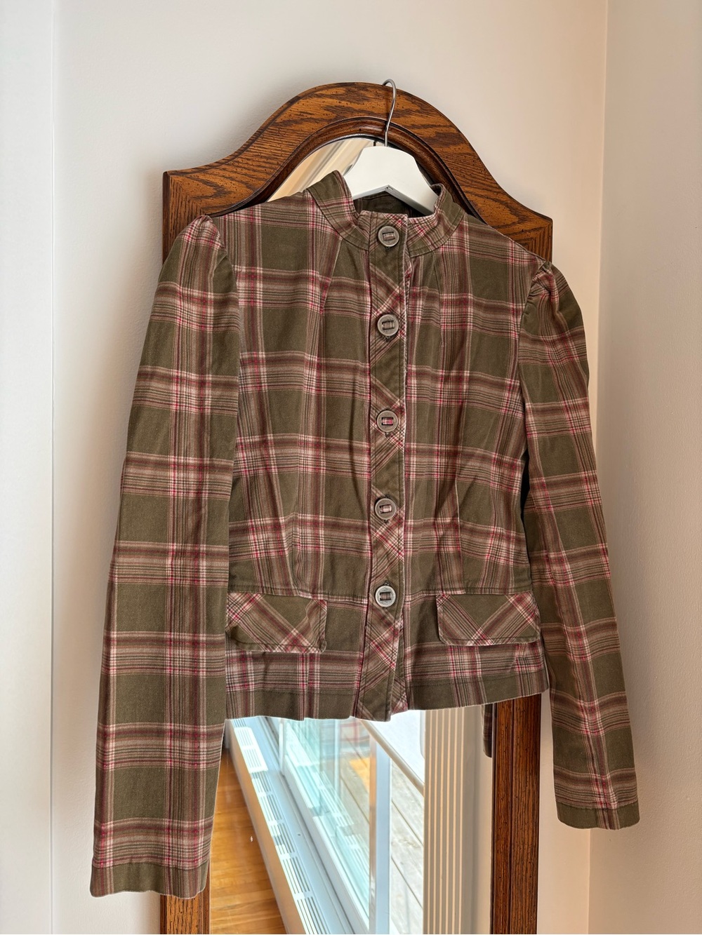 Y2k Olive Plaid Button-Front Women's Jacket